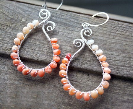 Mexican Fire Opal Earrings - Paisley, Hand-made, Sterling Silver Wire Wrap, Hand Forged