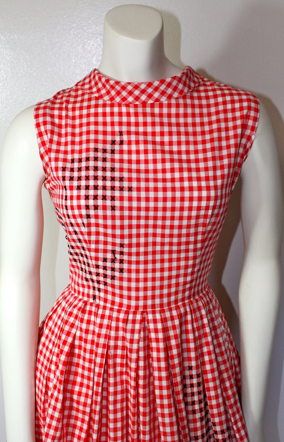 Vintage 1950s BLACK TULIP Embroidered Gingham Dress