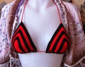 SALE Red Black Sexy Crochet Bikini Striped Adjustable Bra Top Halter StringTop with Thong Beach Summer Party Night Jeans Belly