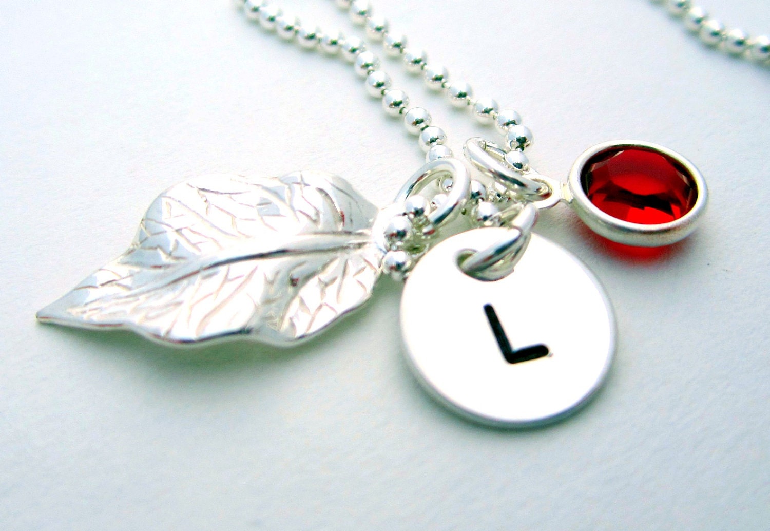 Personalized Mother's Necklace - Swarovski Crystal Birthstone - Sterling Silver Initial Tag & Leaf Charm - Hand Stamped Jewelry