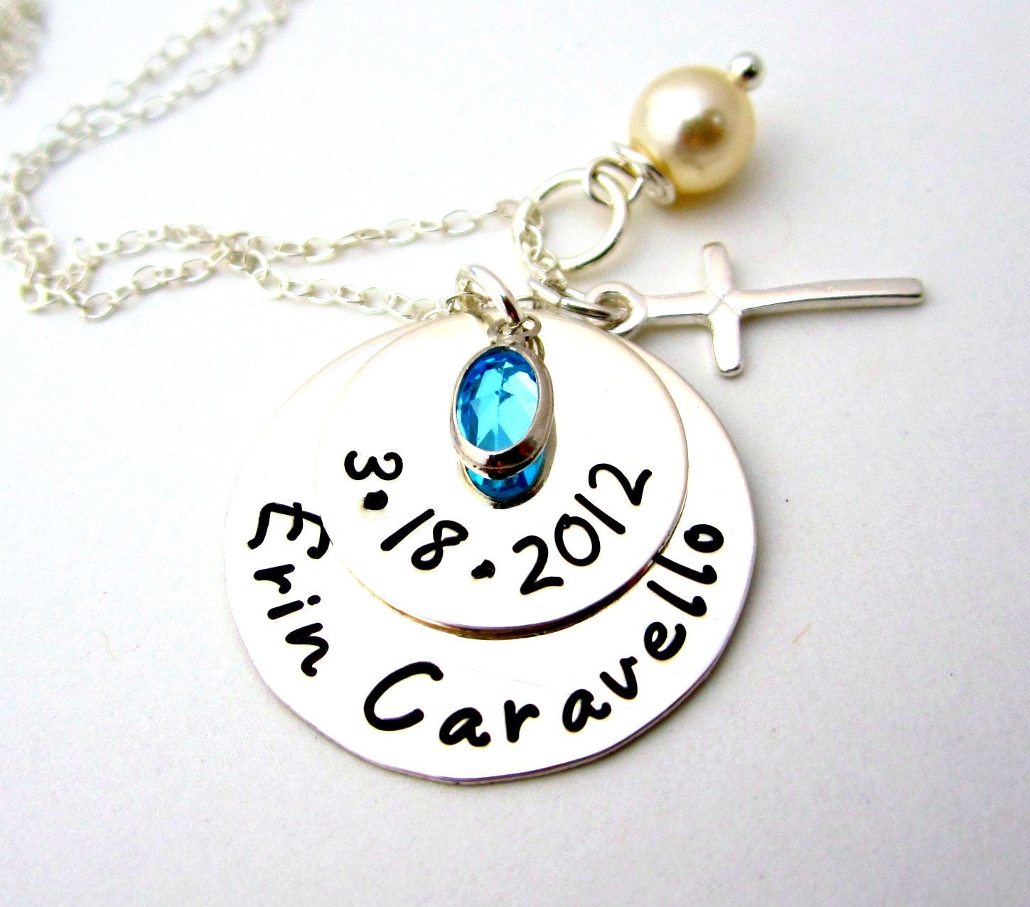 Personalized Mommy Necklace Handstamped Jewelry Sterling Silver Name Birthstone Jewelry Necklace - Cross my Heart