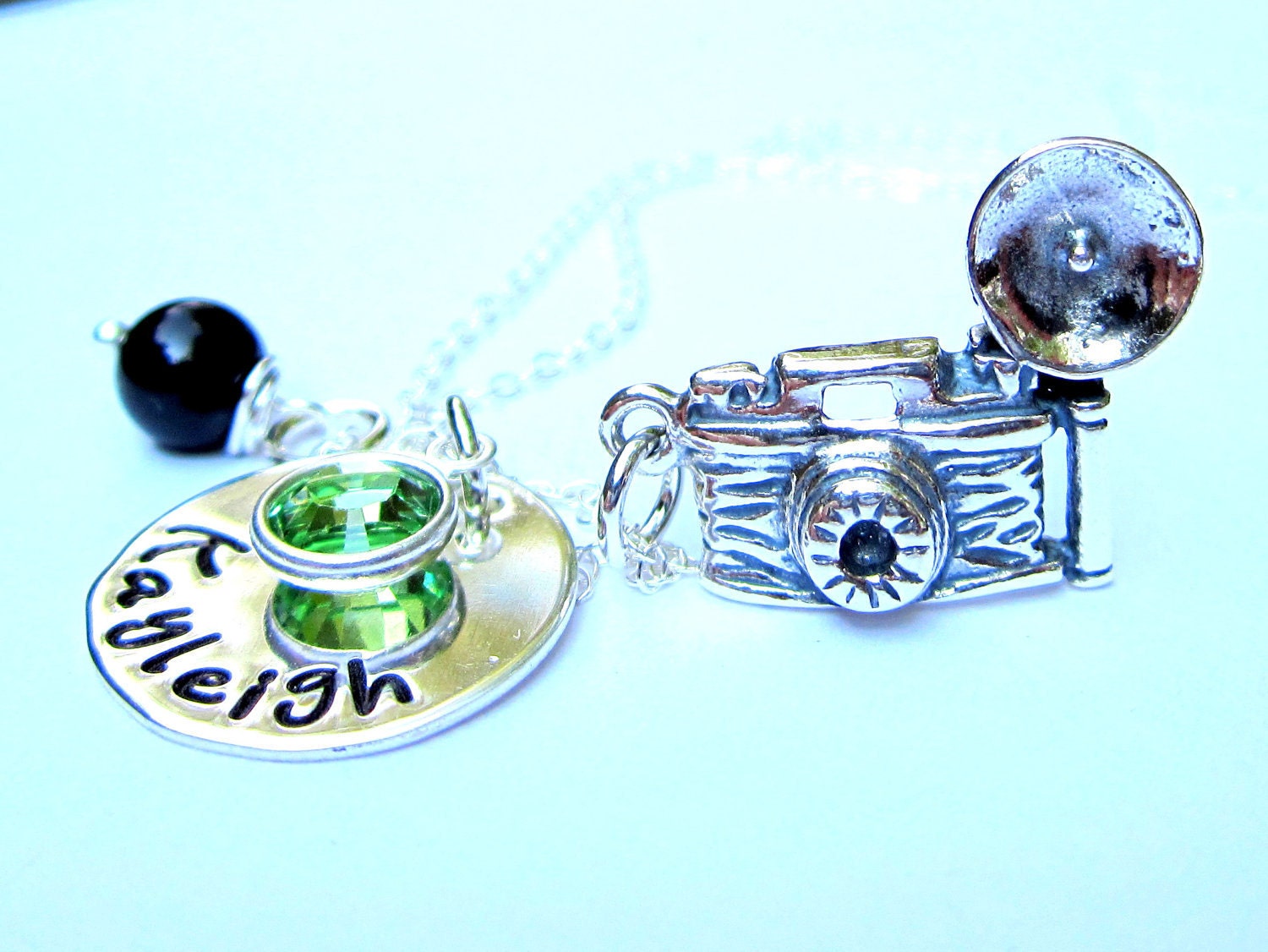Sterling Silver Necklace, Hand Stamped Name Jewelry, Personalized Jewelry, Camera Pendant, One Name w/ Birthstone and Pearl Necklace
