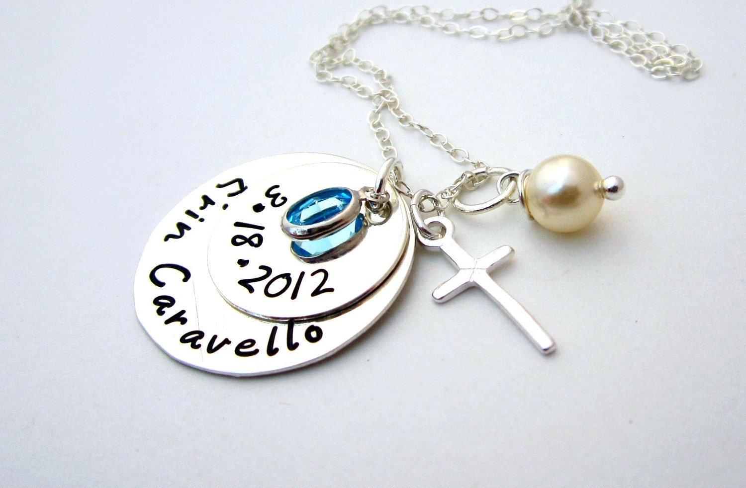 Personalized Mommy Necklace Handstamped Jewelry Sterling Silver Name Birthstone Jewelry Necklace - Cross my Heart