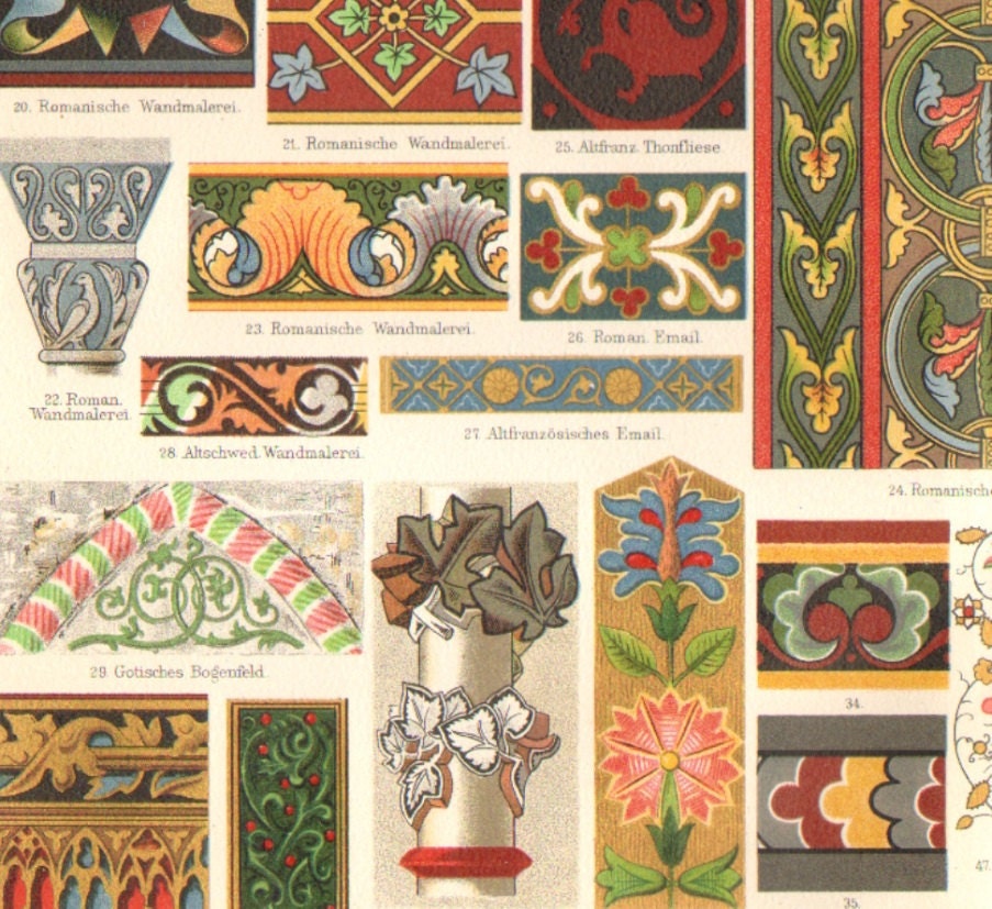 1896 Ornaments of the Middle Ages, Byzantin, Roman, Gothic Original Antique Chromolithograph