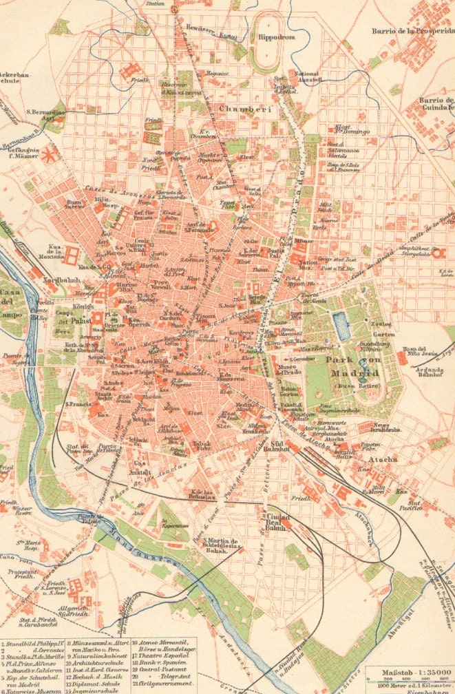 1905 City Map of Madrid, Spain