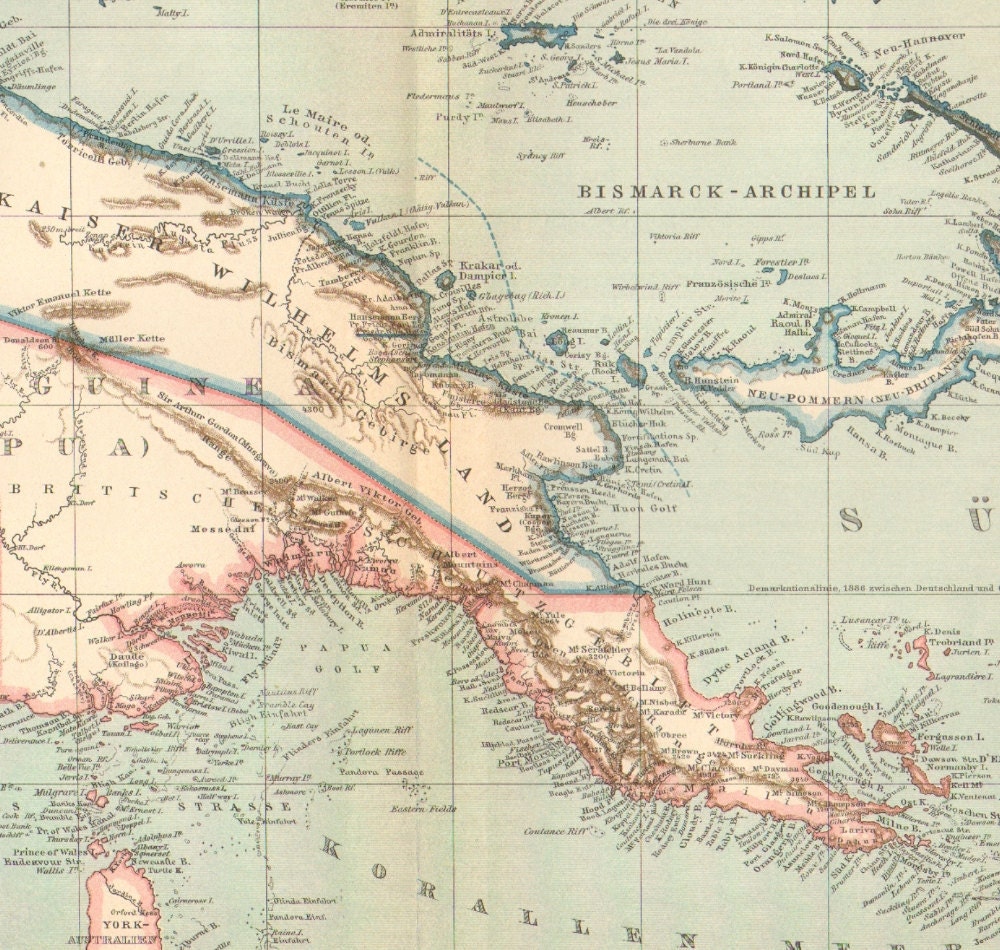 Reserved Listing 1899 Dated Map of Kaiser-Wilhelmsland, German New Guinea, Bismarck Archipelago, Solomon Islands in the 19th Century