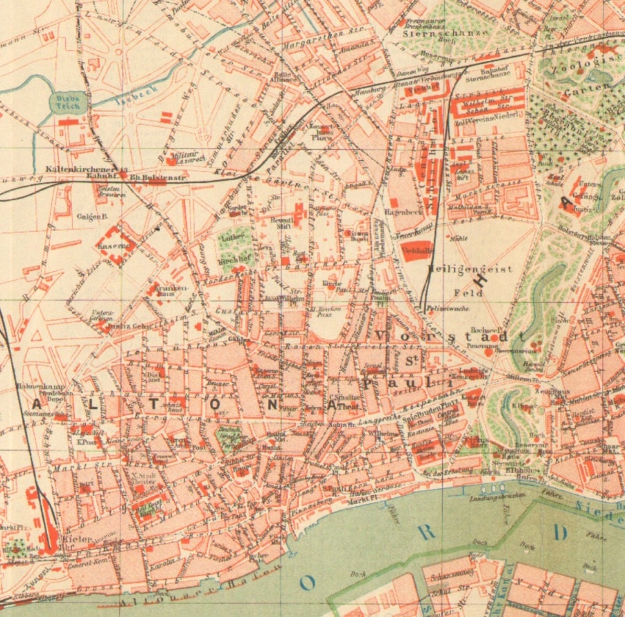 1895 Original Antique City Map of Altona and the German City State of Hamburg
