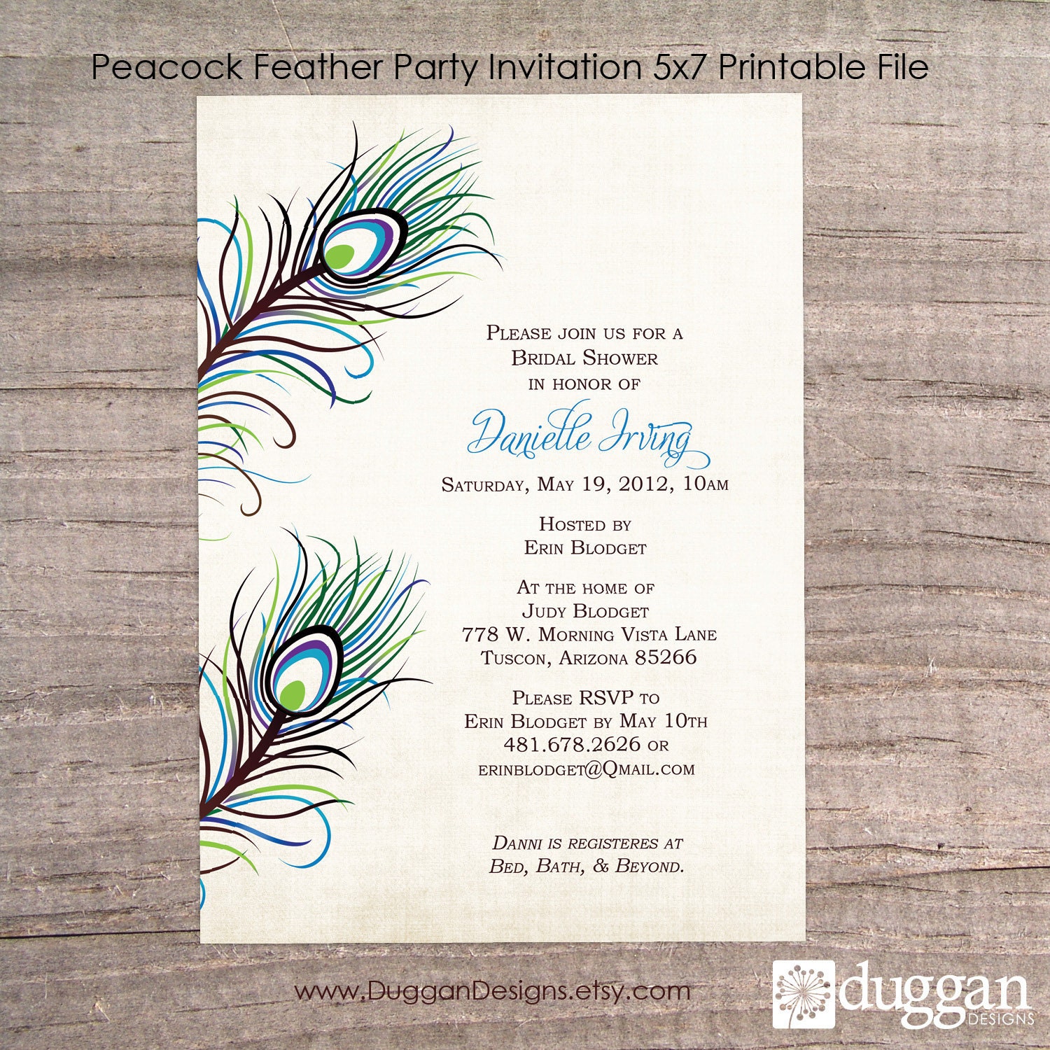 Peacock Party Invitation - 5x7 - Printable - Showers, Birthday, Anniversary