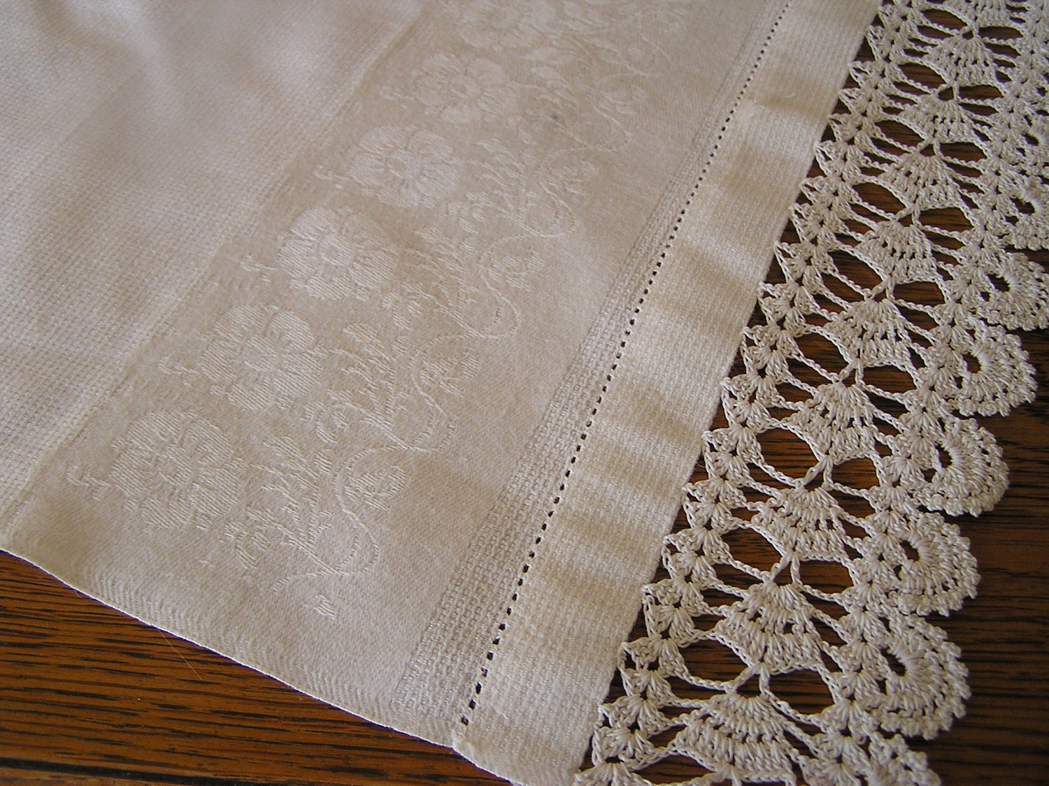 Vtg TABLE Runner Damask and Crochet WHITE Wedding