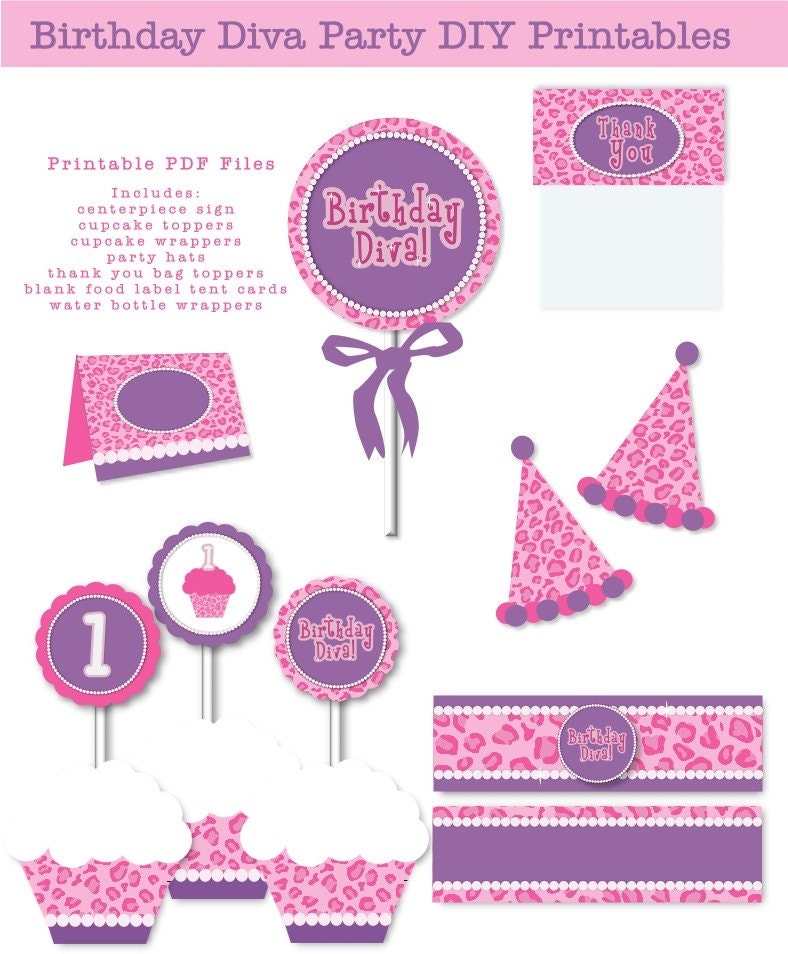 INSTANT DOWNLOAD First Birthday Diva Purple Pink Leopard Pearls Printable Birthday Party Digital Files