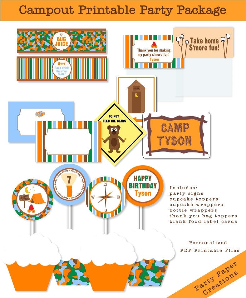 Personalized Backyard Campout Printable Cupcake Toppers Wrappers Favor Tags Party Signs PDF Files Il_570xn