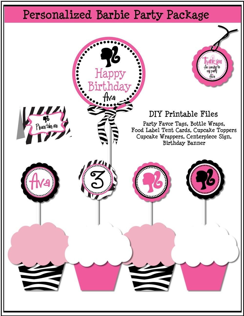 Barbie Birthday Party Printable Decor - Barbie Silhouette Party Decorations - DIY Tablescape - Vintage Barbie Party Printables