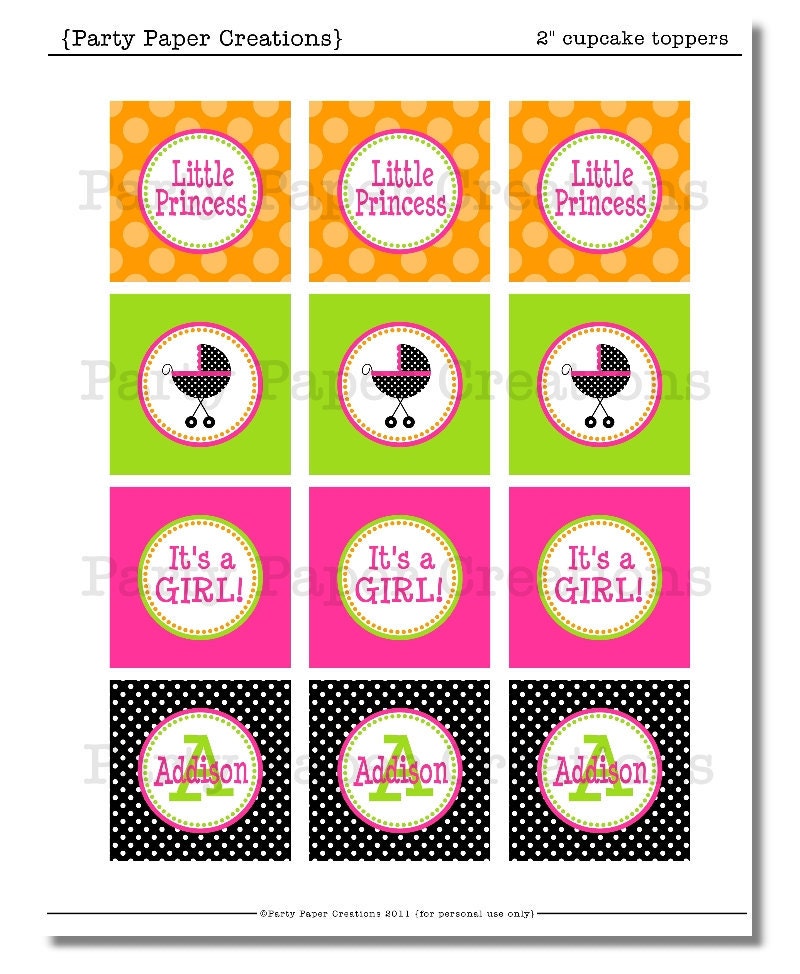 Baby Shower Cupcake Toppers - Funky Baby Carriage Party Decorations Personalized Printable File