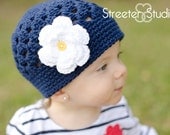 Navy Crochet Hat, Crochet Beanie, Spring Hat with White Flower - Child, Toddler, Baby