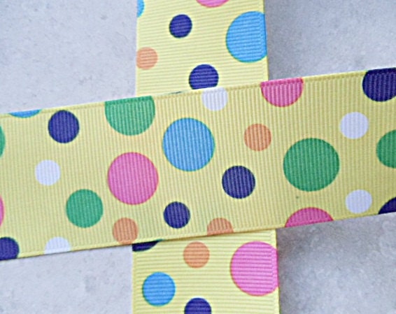 Gumball Rainbow polka dots on yellow 1 1/2" grosgrain ribbon