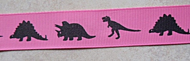 Dinosaurs Silhouettes on pink 7/8 inch grosgrain ribbon Il_570xn