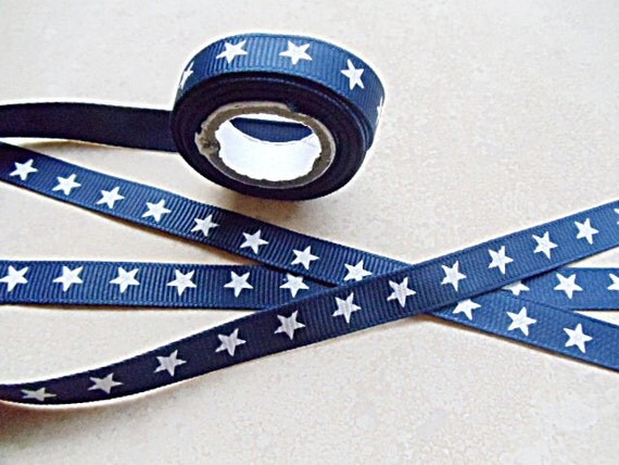 White Stars on Navy 3/8 inch grosgrain ribbon-4th of July Il_570xn