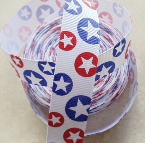 Red & blue Stars in dots on white 7/8 inch grosgrain ribbon-4th of July Il_570xn