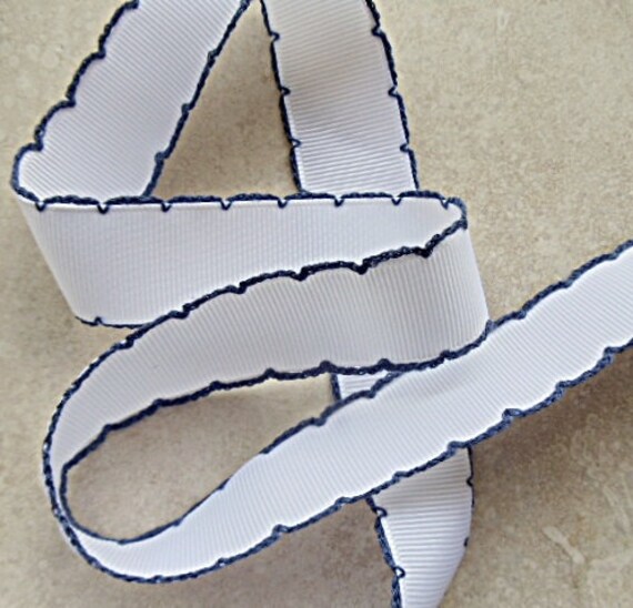 Gorgeous navy blue Moonstitch on white 7/8" grosgrain ribbon Il_570xn