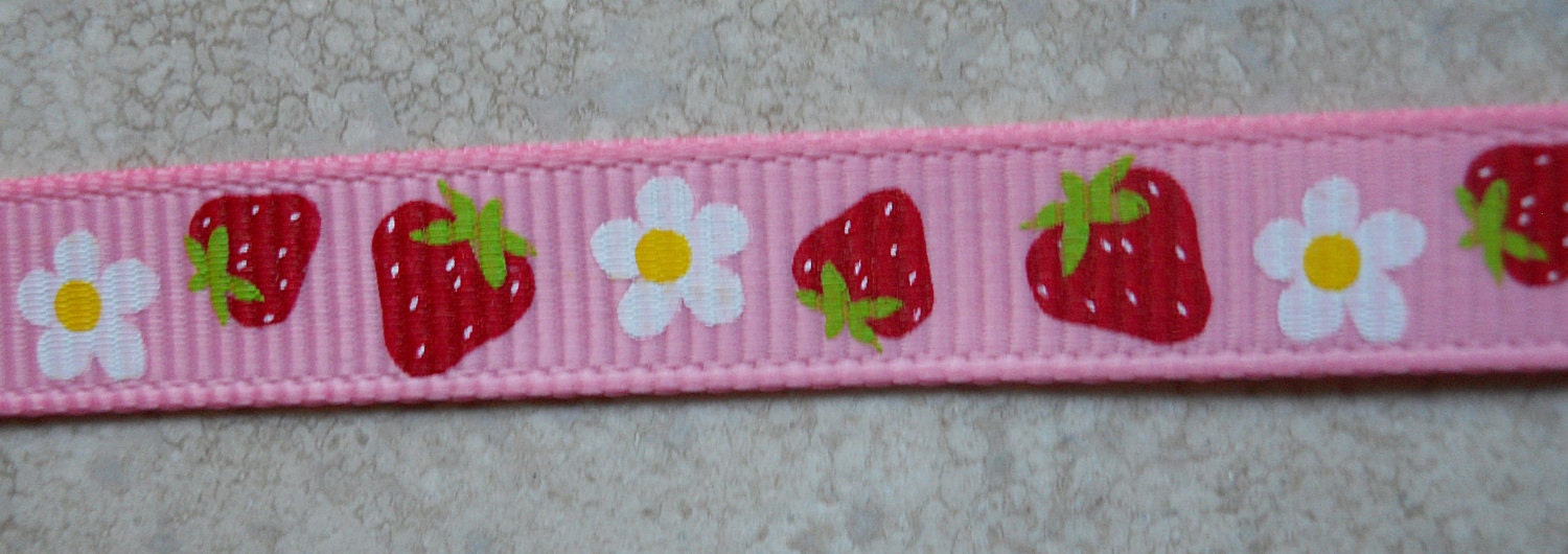 Ruby Red Strawberries &daisies on Pink 3/8 inch grosgrain ribbon Il_570xn