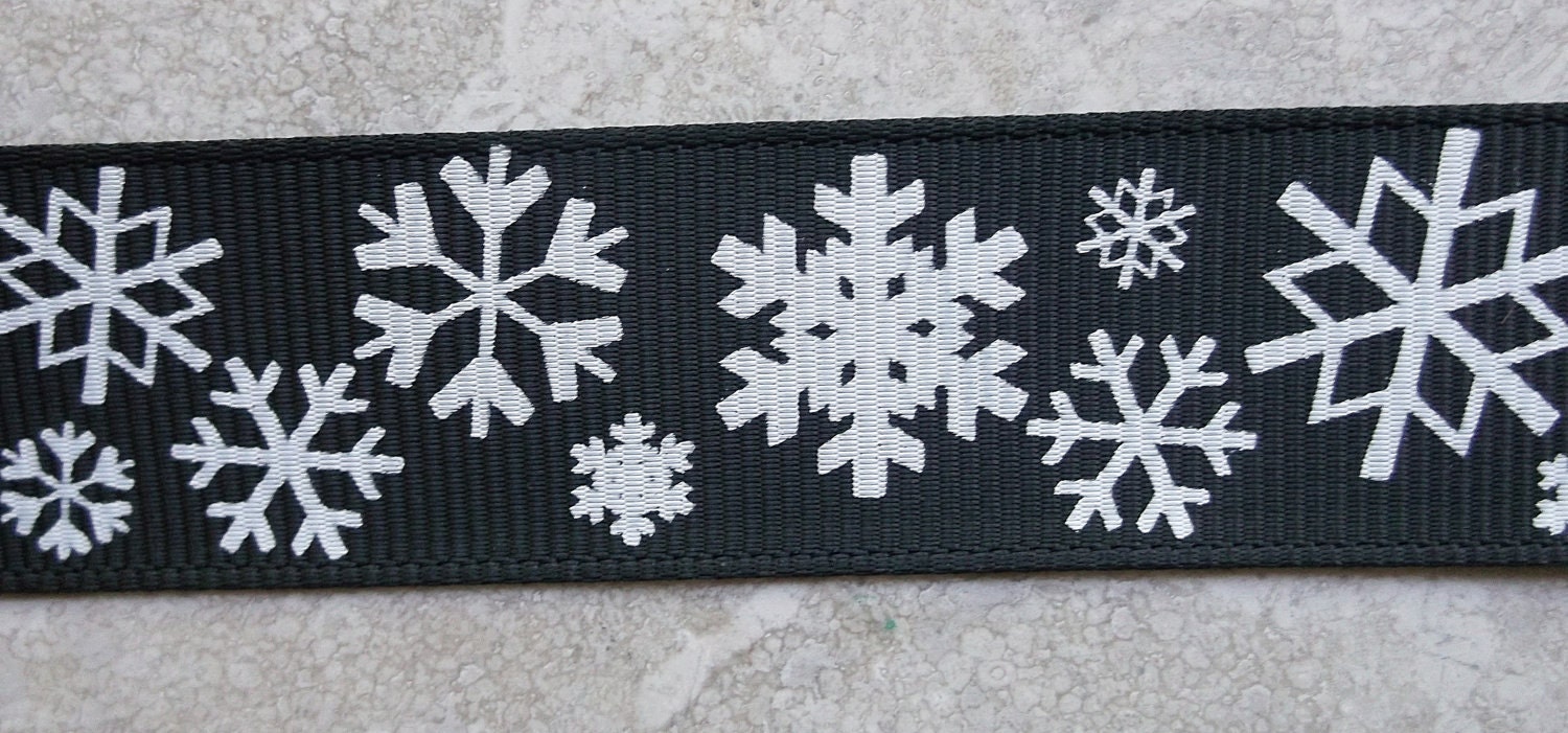 Snowflakes on Black 7/8" grosgrain ribbon Christmas Il_570xn