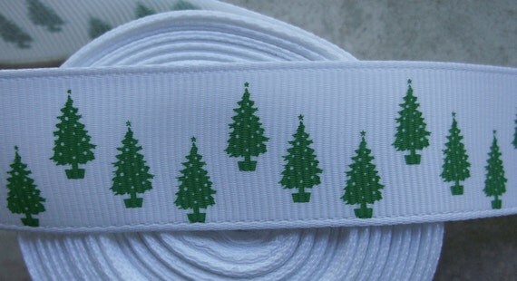 Twinkly Christmas trees on white 7/8" grosgrain ribbon Christmas Il_570xn