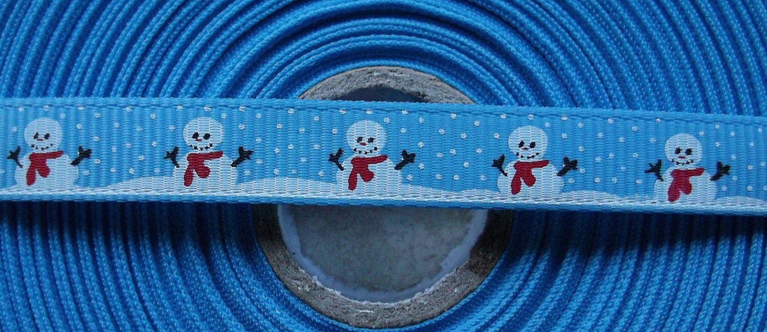 Snowy Snowmen on snow drifts on light blue 3/8" grosgrain ribbon Christmas Il_570xn