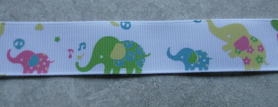 Whimsical pastel elephants on white 7/8 inch grosgrain ribbon Il_570xn