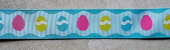 Bright Easter Eggs blue on blue 7/8" grosgrain ribbon- Easter Il_570xn