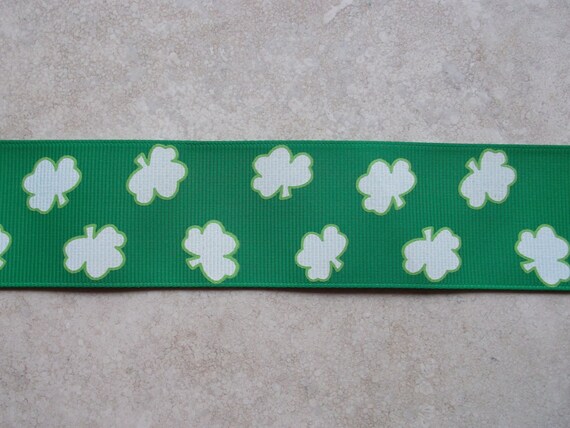 Highlighted White shamrocks on Emerald green 1 1/2" grosgrain ribbon- St Patricks day Il_570xn