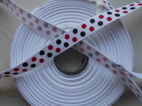 Mickey Red & black party dots on white 3/8 inch grosgrain ribbon Il_570xn