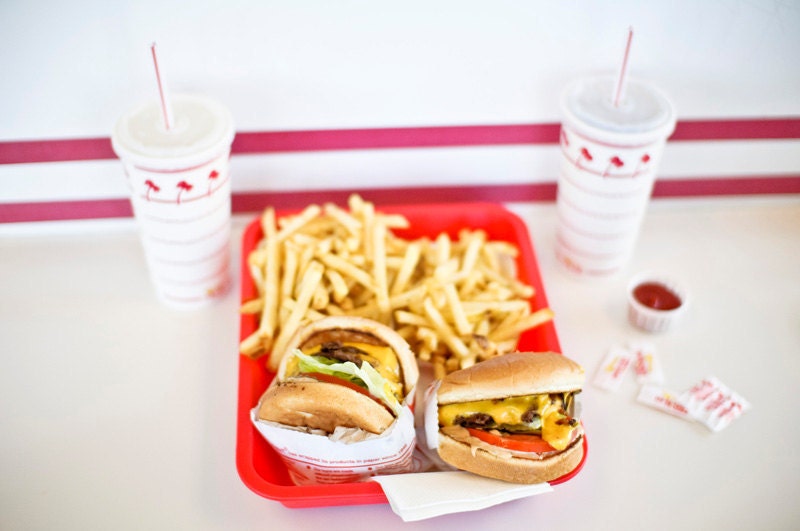 In-N-Out Burger cheeseburgers photo, burgers and french fries animal style, kitchen art home decor. 8x10 fine art photograph. UK seller