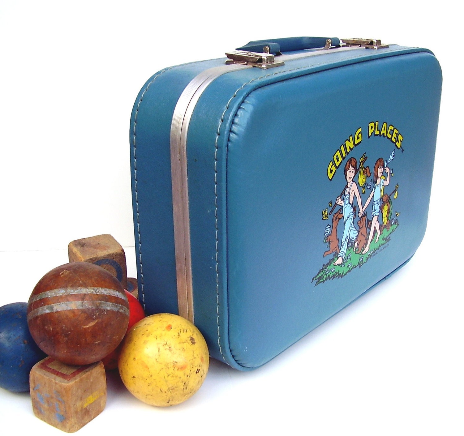 Vintage Child Suitcase 1960s Blue Luggage Fun by OceansideCastle