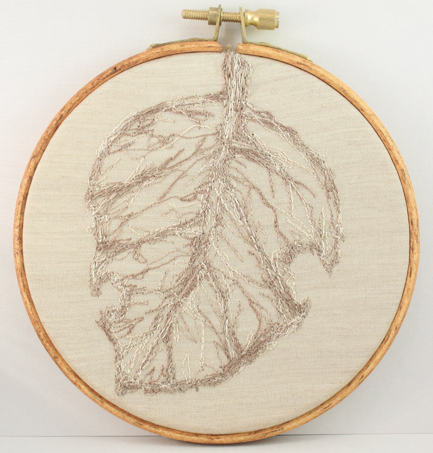 Embroidery Hoop art Leaf Free style wall hanging fall foliage Brown Beige contemporary wall textile art Home decor