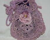 Vintage Bag - Crocheted Lavender Bag with Drawstrings and a Silk Flower