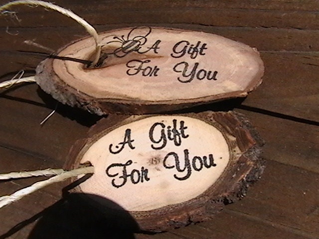 Natural Wood Gift For You Gift Tags 2 Dozen Hand Stamped tree bark Woodland Theme  Green