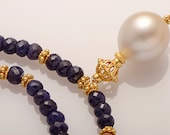 Sensational Blue Sapphire and Champagne South Sea Pearl Necklace -18K gold