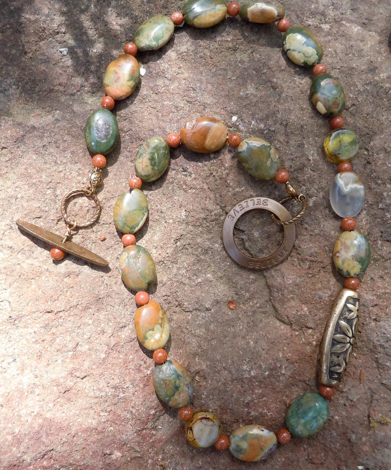 Autumn Picasso and Semi Precious Stones A Simple Single Strand Stone and Brass Necklace