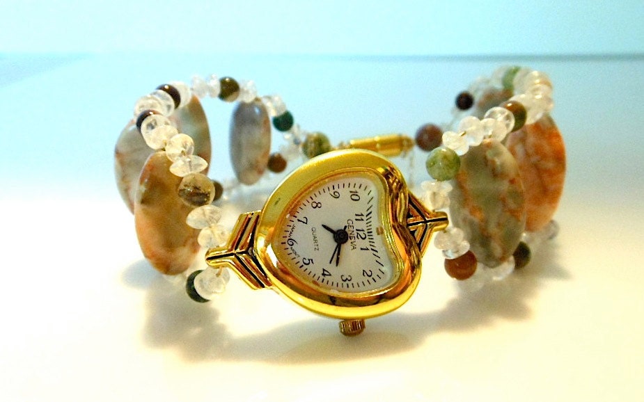 Heart Gold Face Watch with Semi Precious Stones and the Easiest Clasp Ever