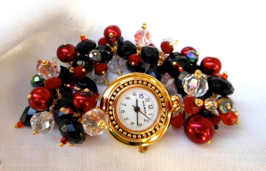 Elegance Round Gold Face Watch with Pearls and Crystals in Black Red and Clear Sparkle