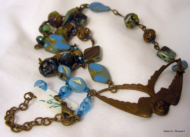 Brass Bird and Blue Picasso Beads Necklace