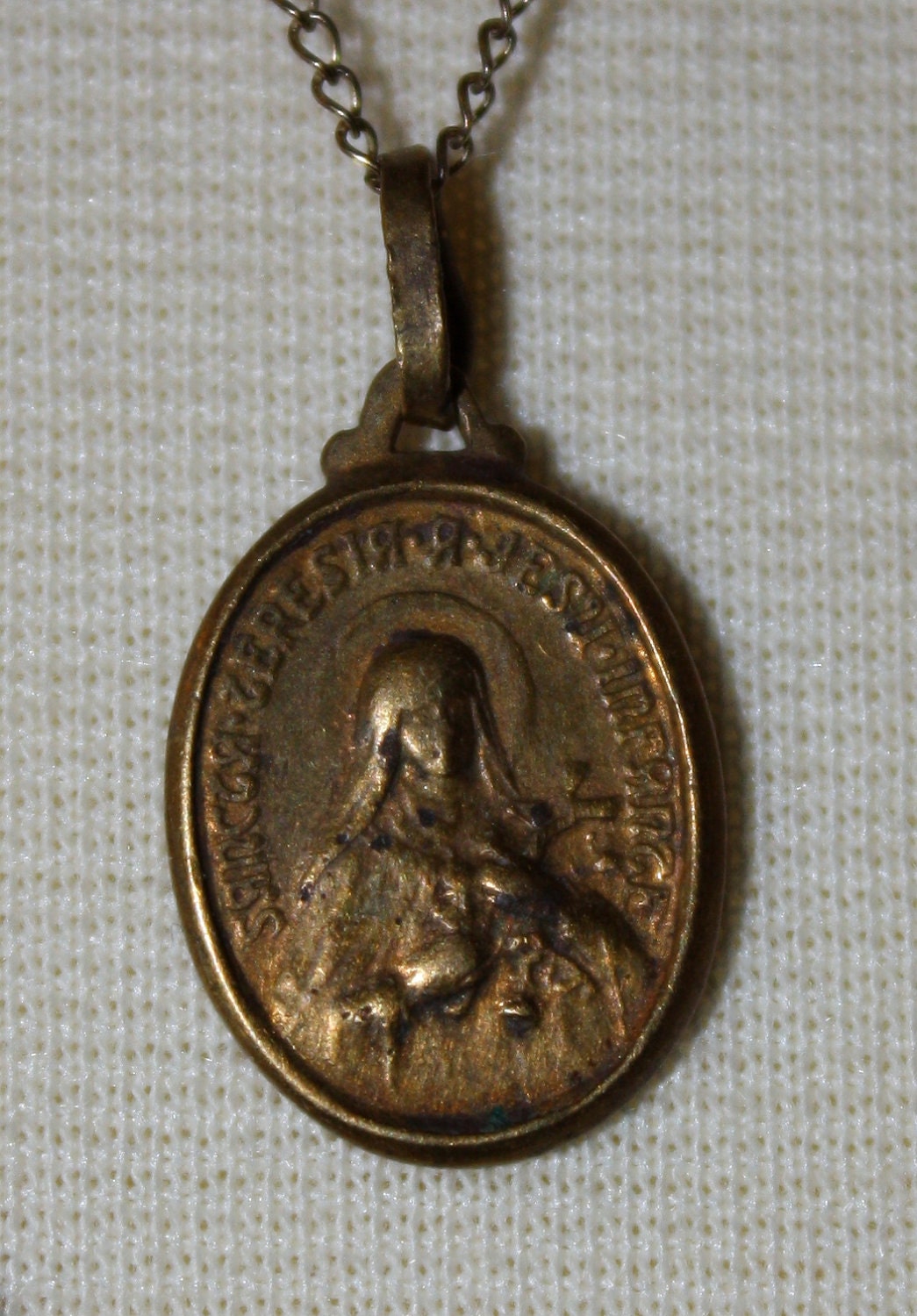 RARE French Antique Copper Religious Medal St Therese of Liseux Teresa Sancta Teresia Oval
