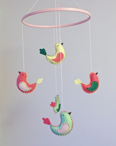 felt bird baby mobile crib decor - in pink, green, yellow