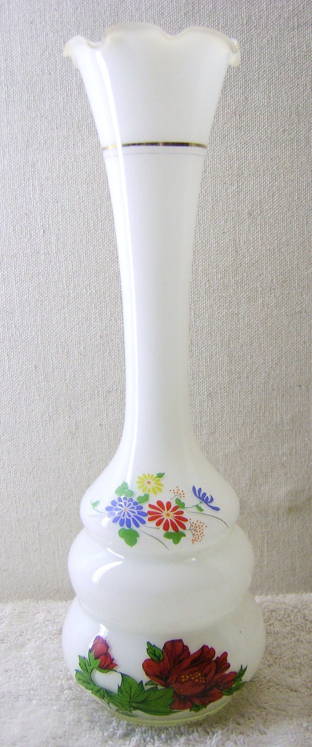 White Layered Glass Vase with Floral Transfer