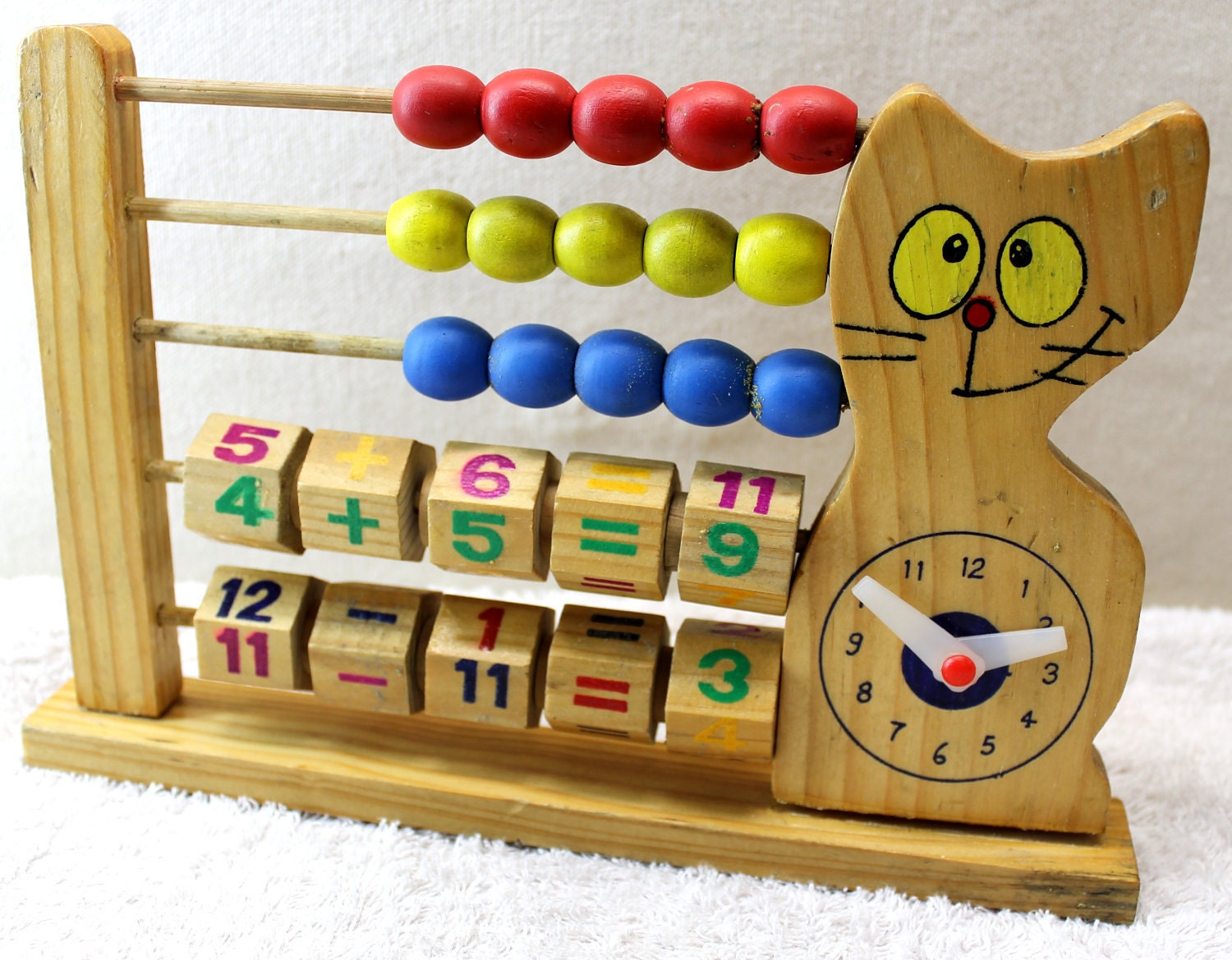 Wooden Cat Clock with Number Games and Counting Beans