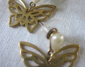 CLEARANCE Vintage Gold Butterfly Earrings with Faux Pearl Studs, GREAT condition