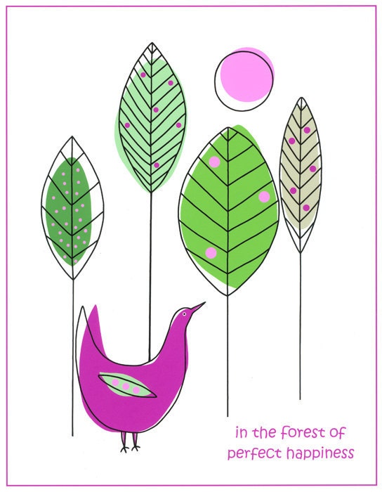 Illustration Bird Art Print A4 Purple Green White Modern Contemporary Folk Trees Forest Typography