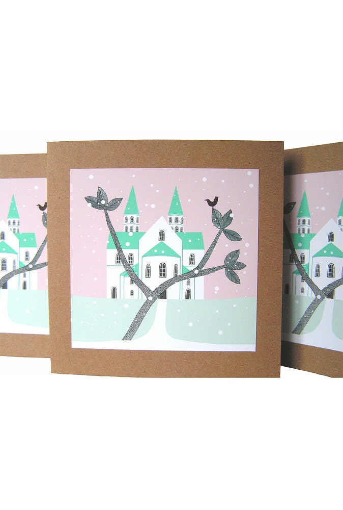4 Handmade Folk Art Greeting Cards Illustration Pastel Trees Bird House