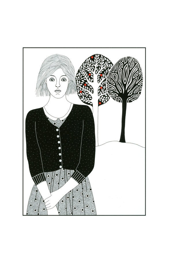 Ink Illustration Print Drawing Ink Art Woman Stylised Trees Graphic Black And White Art