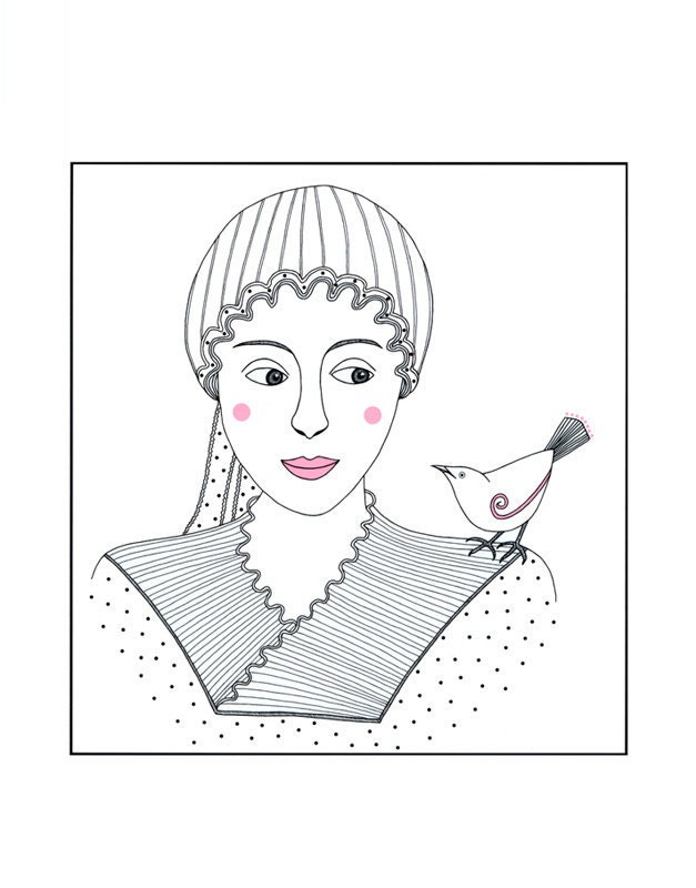 Ink Illustration A4 Art Print Pen And Ink Drawing Woman With Bird Folk Art Narrative Art Black And White
